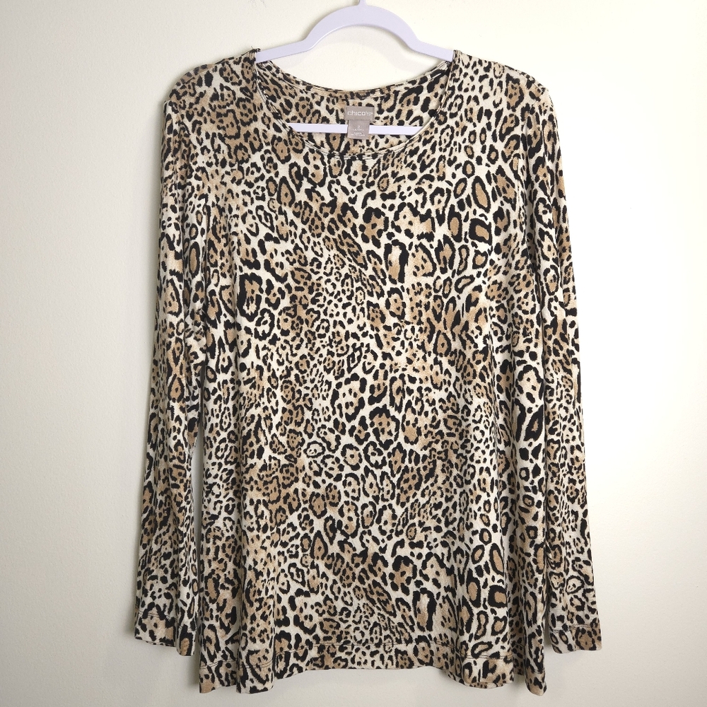Chico's‎ Leopard Animal-print Long Sleeve Jersey Top 2 / L